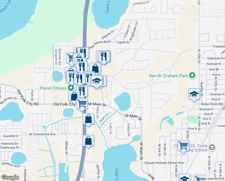 map of restaurants, bars, coffee shops, grocery stores, and more near 4015 Hemingway Circle in Haines City