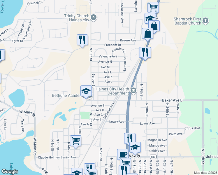 map of restaurants, bars, coffee shops, grocery stores, and more near 1811 North 12th Street in Haines City