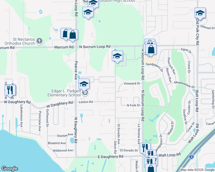 map of restaurants, bars, coffee shops, grocery stores, and more near 223 Padgett Place South in Lakeland