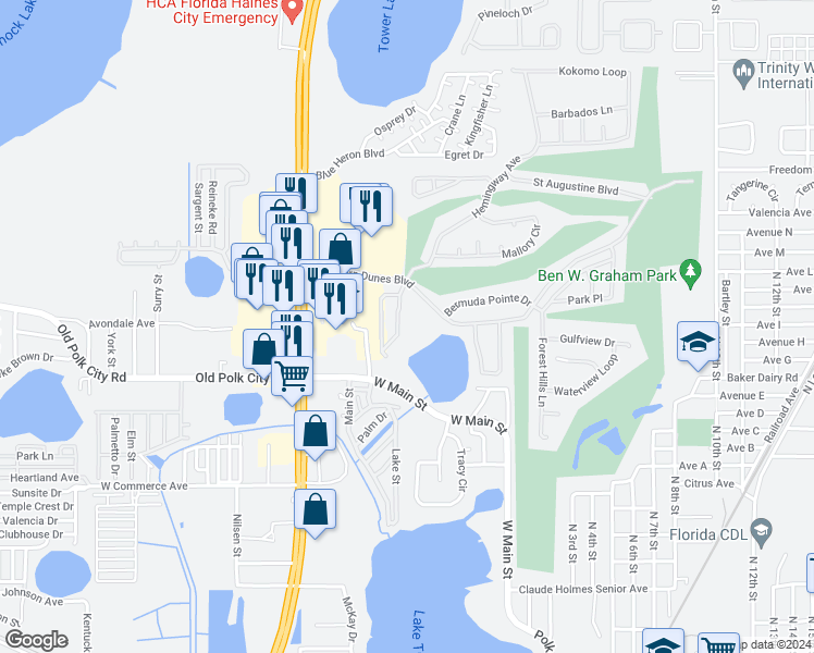 map of restaurants, bars, coffee shops, grocery stores, and more near 5014 Hemingway Circle in Haines City