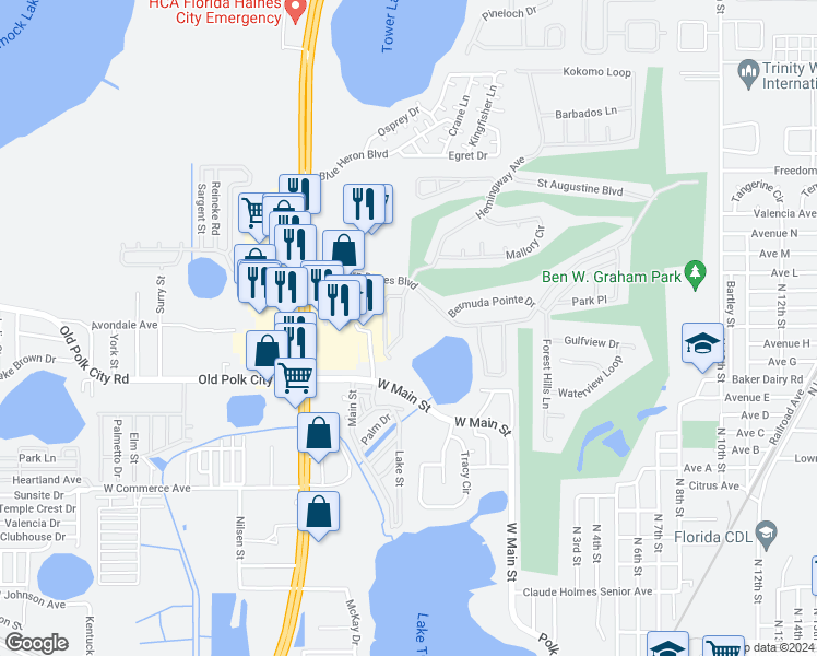 map of restaurants, bars, coffee shops, grocery stores, and more near 5013 Hemingway Circle in Haines City