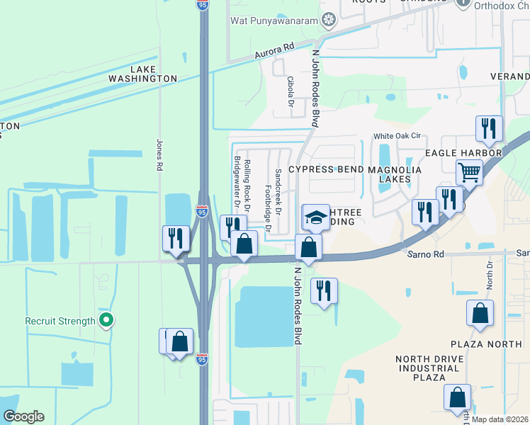 map of restaurants, bars, coffee shops, grocery stores, and more near 1015-1145 Rolling Rock Drive in Melbourne
