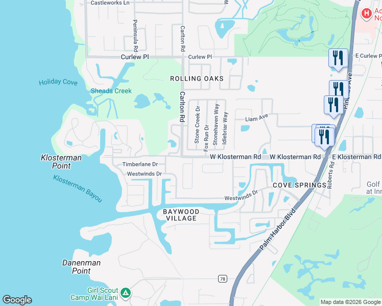 map of restaurants, bars, coffee shops, grocery stores, and more near 1111 Idlebriar Way in Tarpon Springs