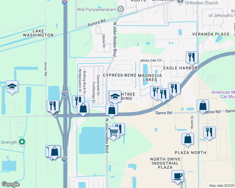 map of restaurants, bars, coffee shops, grocery stores, and more near 4780 Decatur Circle in Melbourne