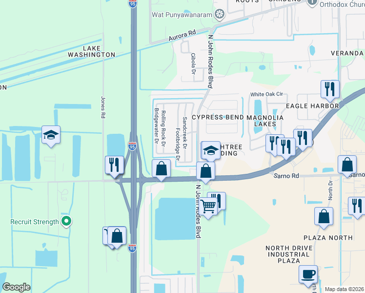 map of restaurants, bars, coffee shops, grocery stores, and more near 1014-1090 Sand Creek Dr in Melbourne