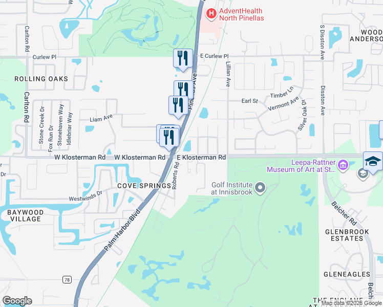 map of restaurants, bars, coffee shops, grocery stores, and more near 1 East Klosterman Road in Tarpon Springs