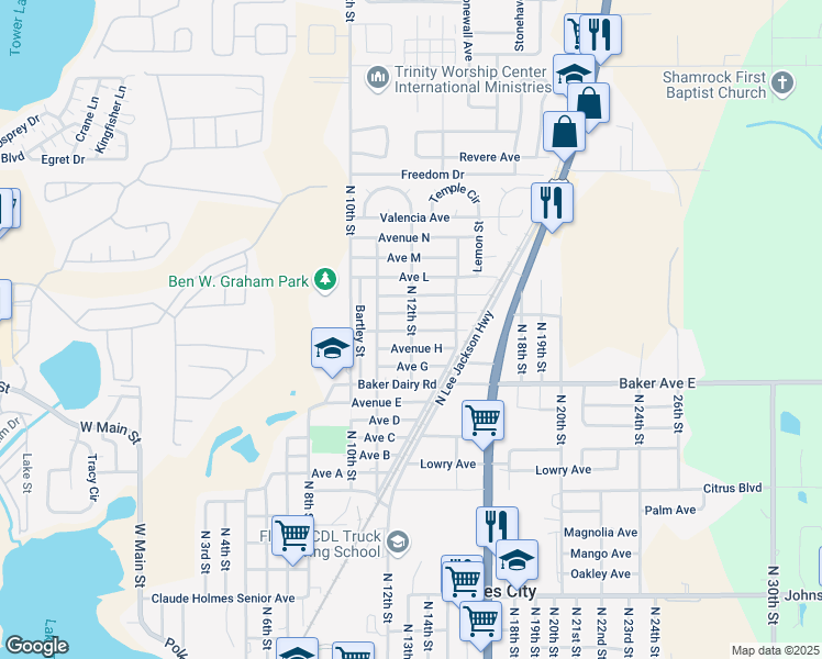 map of restaurants, bars, coffee shops, grocery stores, and more near 1811 North 12th Street in Haines City