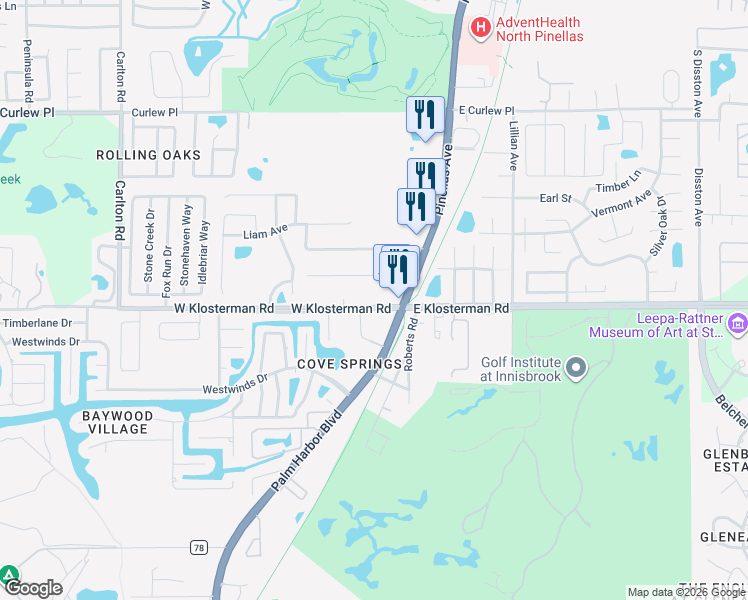 map of restaurants, bars, coffee shops, grocery stores, and more near 114 Highland Road in Tarpon Springs