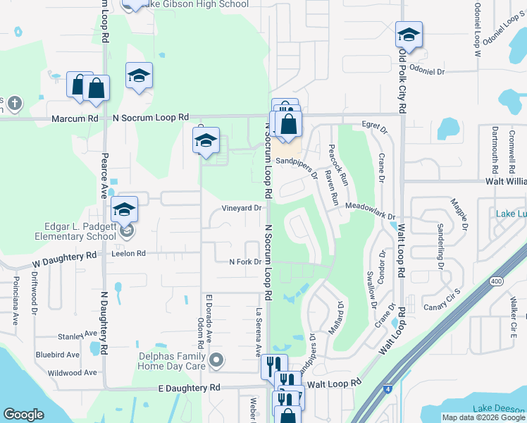 map of restaurants, bars, coffee shops, grocery stores, and more near 6249 Vintage Drive in Lakeland