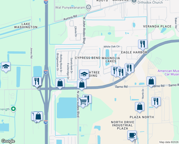 map of restaurants, bars, coffee shops, grocery stores, and more near 4771 Decatur Circle in Melbourne