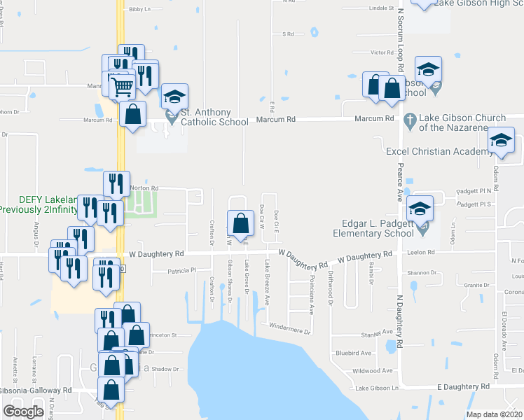 map of restaurants, bars, coffee shops, grocery stores, and more near 6209 Doe Circle West in Lakeland
