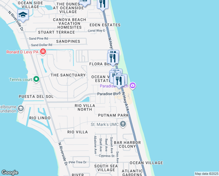 map of restaurants, bars, coffee shops, grocery stores, and more near 170 Paradise Boulevard in Melbourne