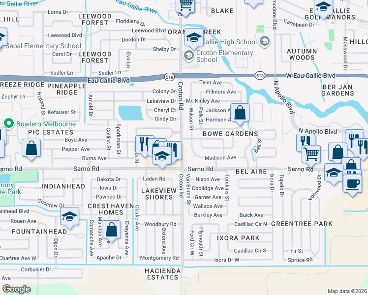 map of restaurants, bars, coffee shops, grocery stores, and more near 1007 Croton Road in Melbourne