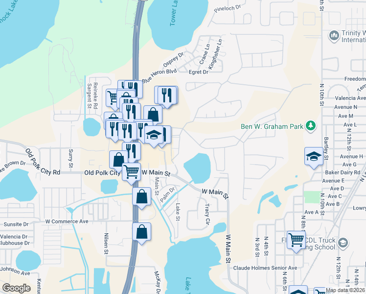 map of restaurants, bars, coffee shops, grocery stores, and more near 4015 Hemingway Circle in Haines City