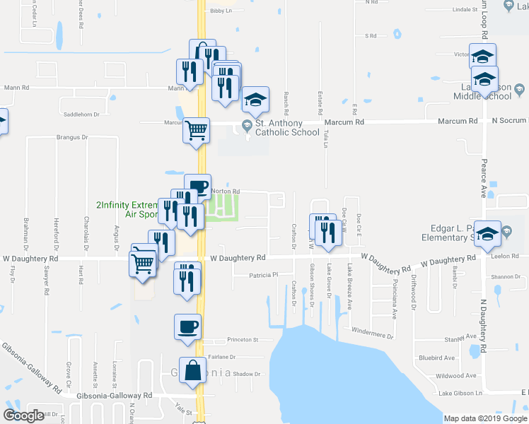 map of restaurants, bars, coffee shops, grocery stores, and more near 810 Norton Road in Lakeland