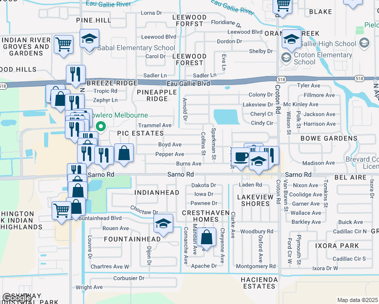 map of restaurants, bars, coffee shops, grocery stores, and more near 2478 Pepper Avenue in Melbourne