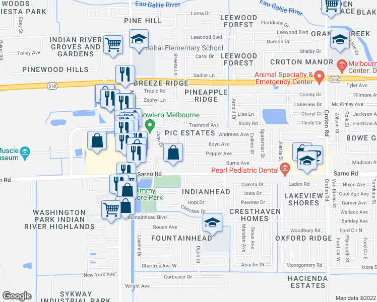 map of restaurants, bars, coffee shops, grocery stores, and more near 2700 Pepper Avenue in Melbourne
