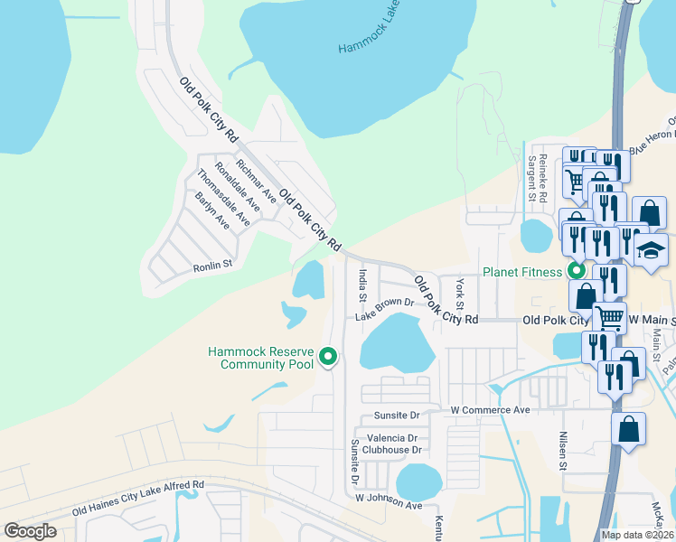map of restaurants, bars, coffee shops, grocery stores, and more near 2207 Polk City Road in Haines City