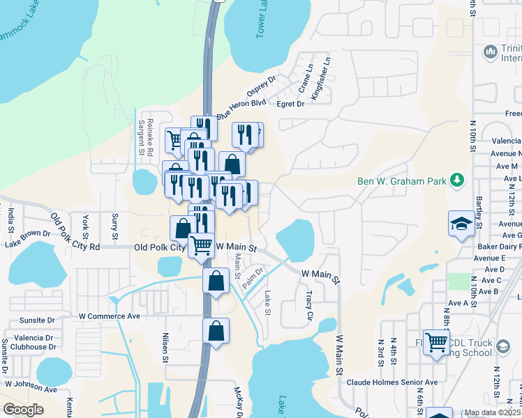 map of restaurants, bars, coffee shops, grocery stores, and more near 4002 Hemingway Circle in Haines City