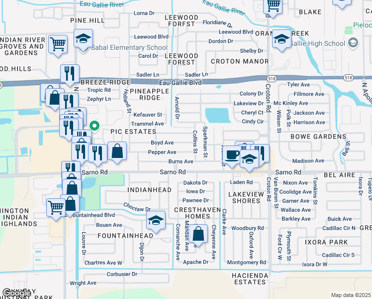 map of restaurants, bars, coffee shops, grocery stores, and more near 2478 Pepper Avenue in Melbourne