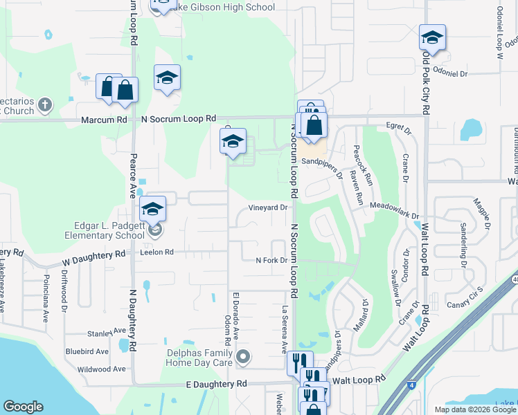 map of restaurants, bars, coffee shops, grocery stores, and more near 413 Vineyard Drive in Lakeland
