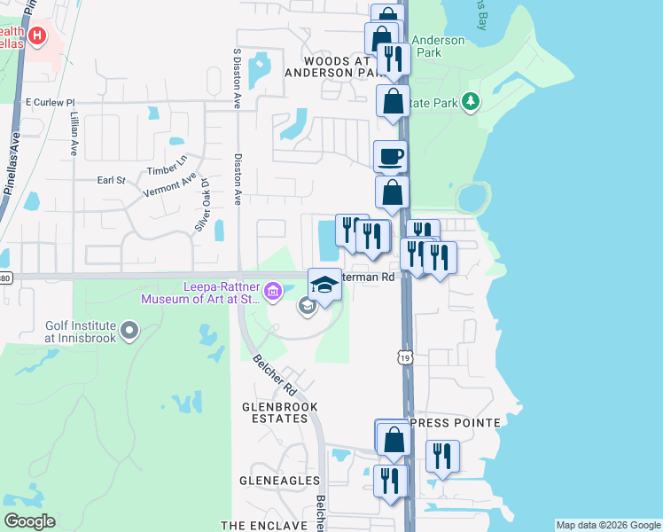 map of restaurants, bars, coffee shops, grocery stores, and more near 10 Pineridge Drive in Tarpon Springs