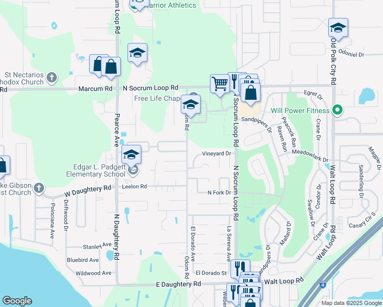 map of restaurants, bars, coffee shops, grocery stores, and more near 360 Vineyard Drive in Lakeland