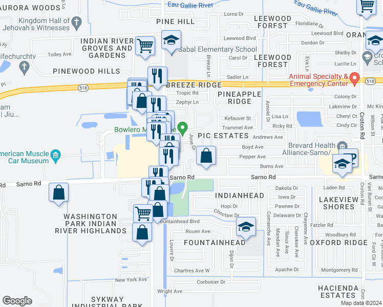 map of restaurants, bars, coffee shops, grocery stores, and more near 2775 Patty Lane in Melbourne