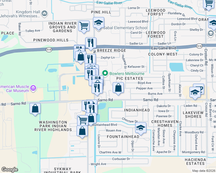 map of restaurants, bars, coffee shops, grocery stores, and more near 1027 Regency Drive in Melbourne