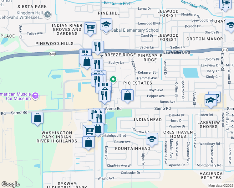 map of restaurants, bars, coffee shops, grocery stores, and more near 1027 Regency Drive in Melbourne