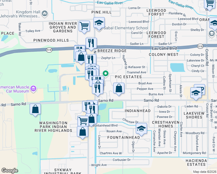 map of restaurants, bars, coffee shops, grocery stores, and more near 2815 Patty Lane in Melbourne