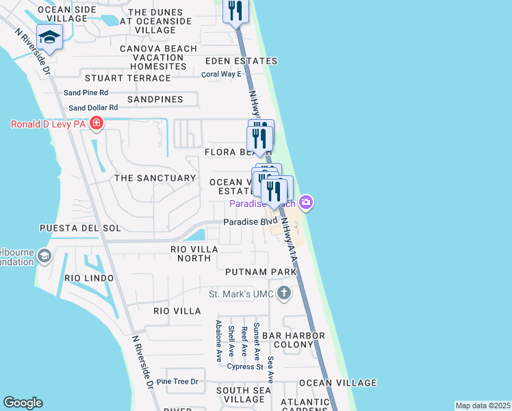 map of restaurants, bars, coffee shops, grocery stores, and more near 170 Paradise Boulevard in Melbourne