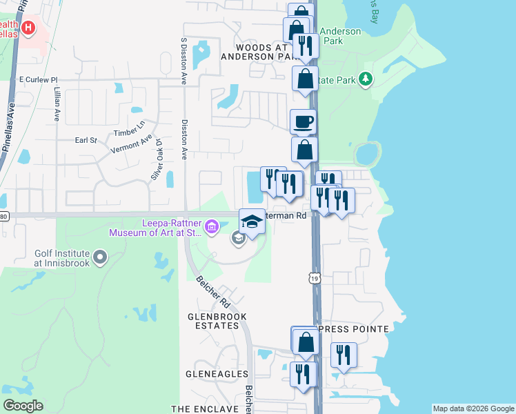 map of restaurants, bars, coffee shops, grocery stores, and more near 10 Pineridge Drive in Tarpon Springs