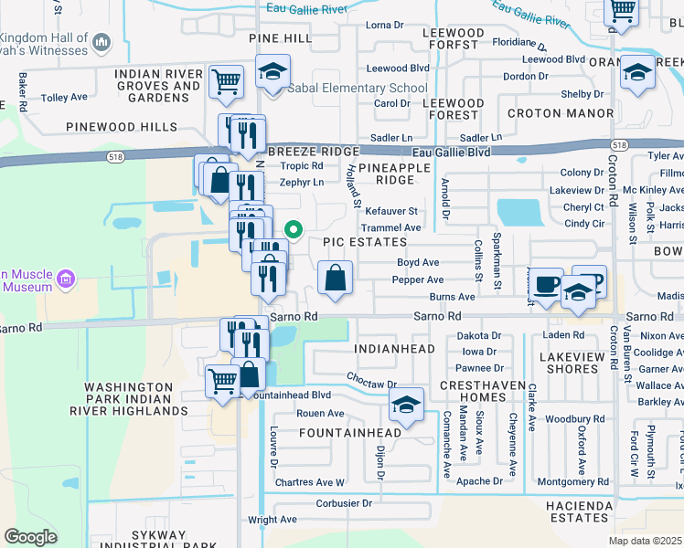 map of restaurants, bars, coffee shops, grocery stores, and more near 2792 Patty Lane in Melbourne