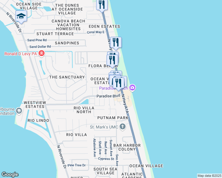map of restaurants, bars, coffee shops, grocery stores, and more near 170 Paradise Boulevard in Melbourne