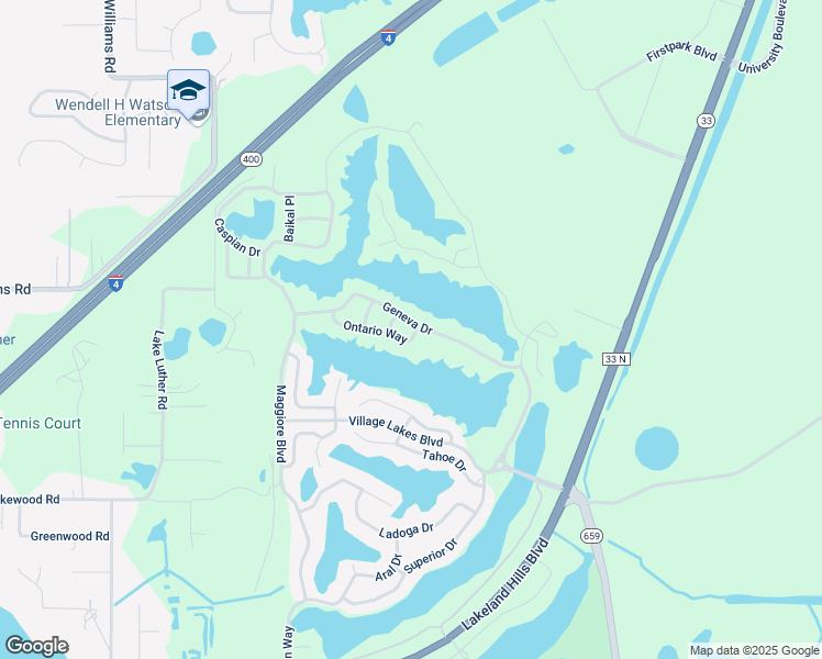 map of restaurants, bars, coffee shops, grocery stores, and more near 2230 Ontario Way in Lakeland