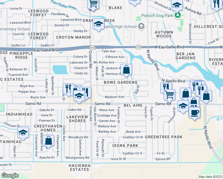 map of restaurants, bars, coffee shops, grocery stores, and more near 1908 Jefferson Avenue in Melbourne