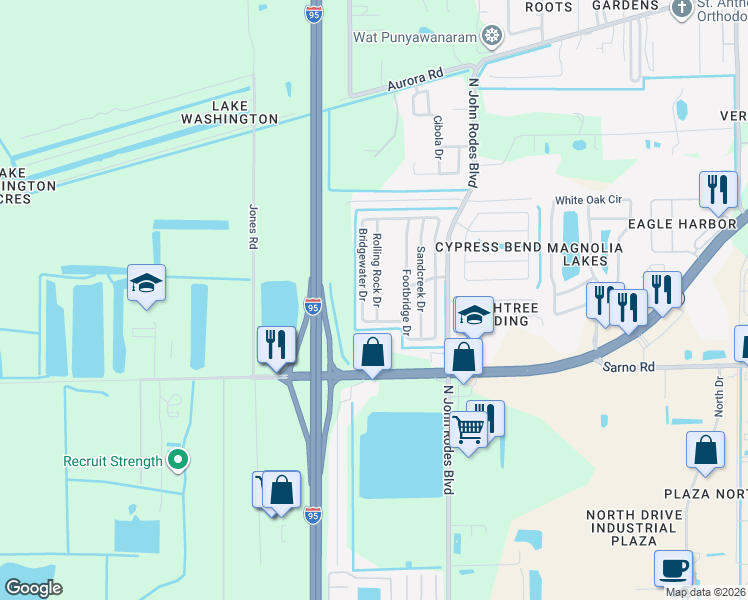 map of restaurants, bars, coffee shops, grocery stores, and more near 1015-1145 Rolling Rock Drive in Melbourne