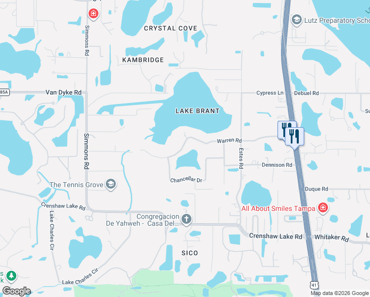 map of restaurants, bars, coffee shops, grocery stores, and more near 708 Warren Road in Lutz