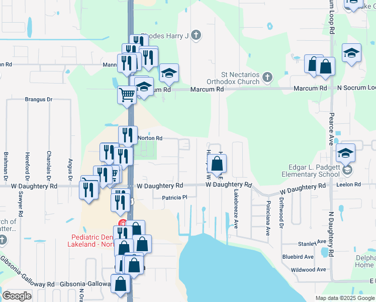 map of restaurants, bars, coffee shops, grocery stores, and more near 6035 Norton Road in Lakeland