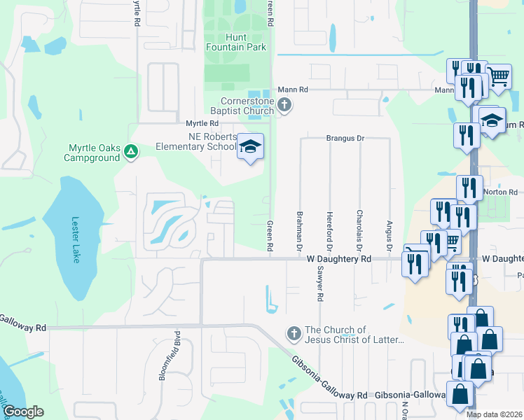 map of restaurants, bars, coffee shops, grocery stores, and more near 6310 Green Road in Lakeland