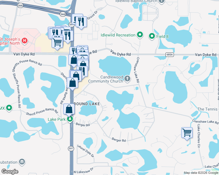 map of restaurants, bars, coffee shops, grocery stores, and more near 3632 Little Road in Lutz
