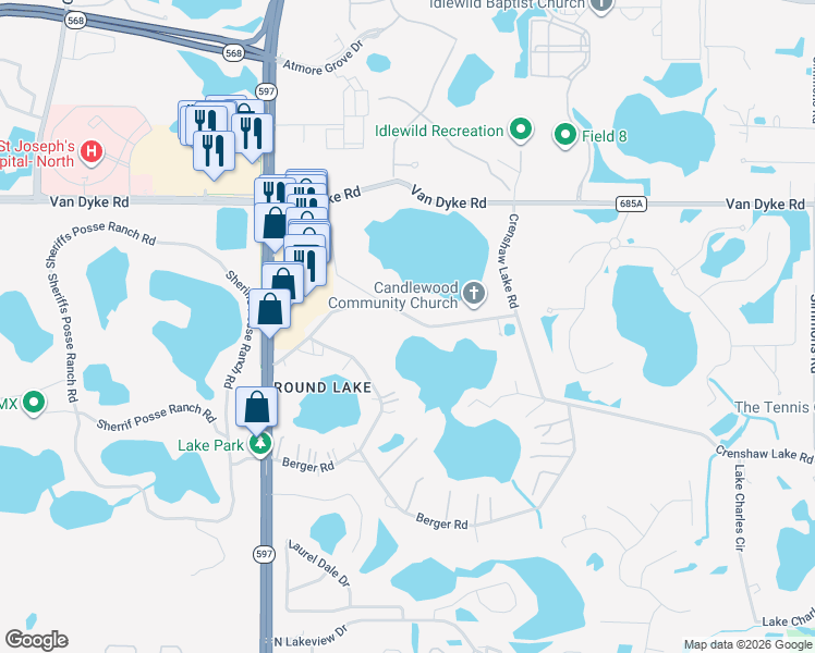 map of restaurants, bars, coffee shops, grocery stores, and more near 3632 Little Road in Lutz