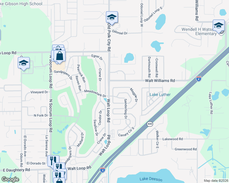 map of restaurants, bars, coffee shops, grocery stores, and more near 6188 Magpie Drive in Lakeland