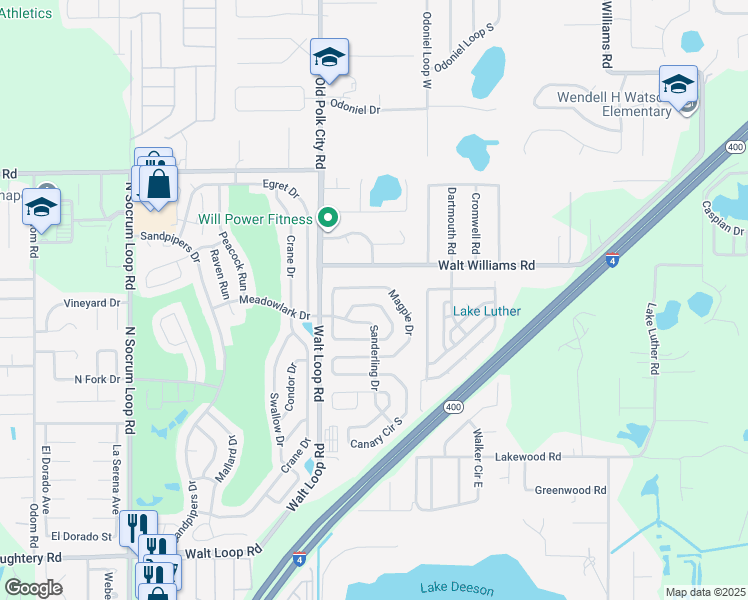 map of restaurants, bars, coffee shops, grocery stores, and more near 6093 Kittiwake Drive in Lakeland