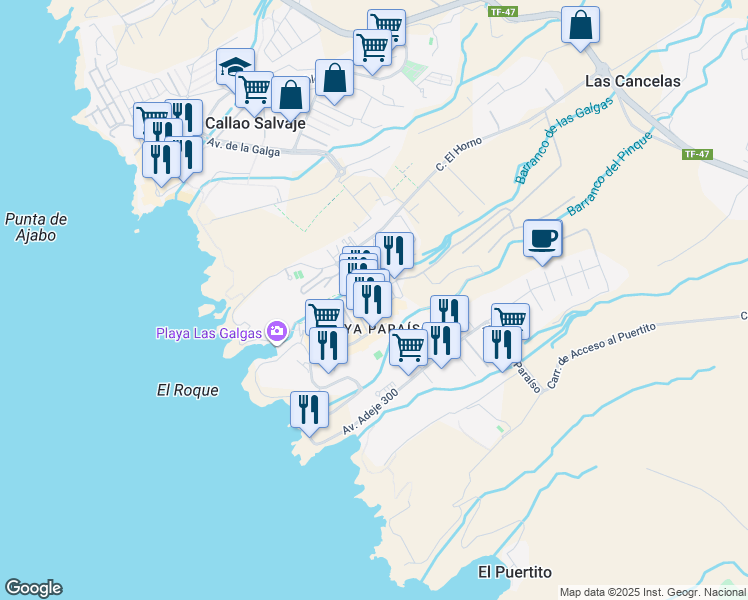 map of restaurants, bars, coffee shops, grocery stores, and more near 9 Calle Aljibe in Adeje