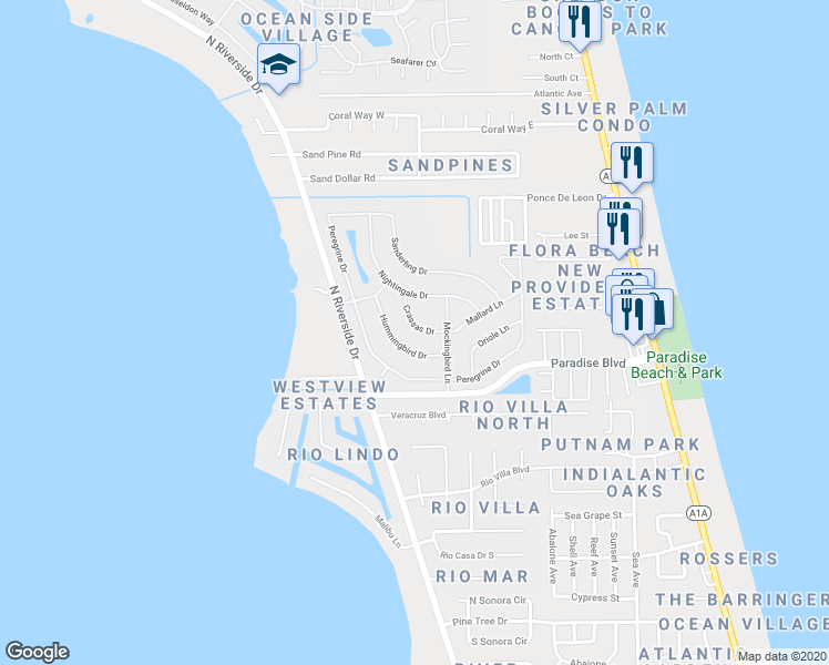 map of restaurants, bars, coffee shops, grocery stores, and more near 615 Crassas Drive in Indialantic