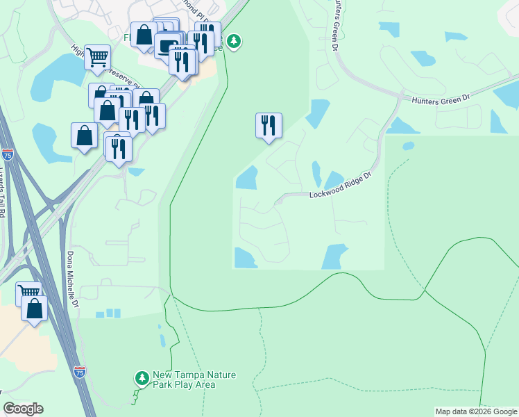 map of restaurants, bars, coffee shops, grocery stores, and more near 17308 Lockwood Ridge Drive in Tampa