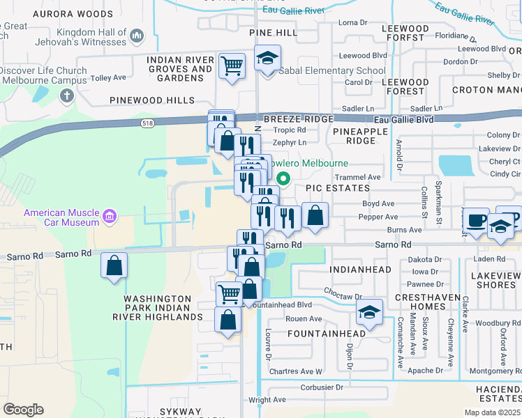 map of restaurants, bars, coffee shops, grocery stores, and more near 588 Wickham Road in Melbourne