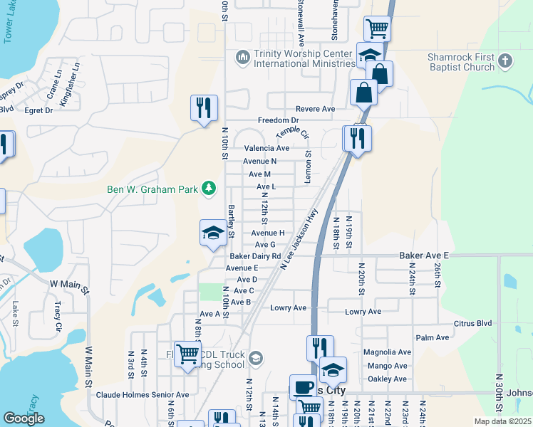 map of restaurants, bars, coffee shops, grocery stores, and more near 1811 North 12th Street in Haines City